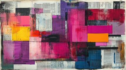 Colorful newspaper collage with overlapping cut-out pieces, vibrant hues and dynamic patterns creating a modern and energetic composition, concept of creativity, art, expression.

