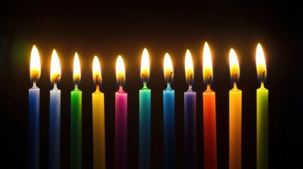 Colorful birthday candles, lit, dark background, celebration, party, for stock photos