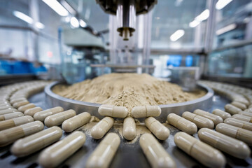 Pill manufacturing process in a pharmaceutical facility showcasing filling capsules with powder