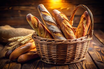 Vintage Photo: Rustic Basket of Freshly Baked French Baguettes