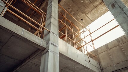 Obraz premium Interior view of a modern concrete building under construction, with wooden scaffolding and exposed beams.