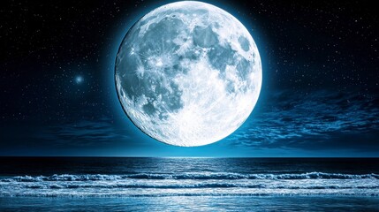 Full Moon Over Calm Ocean at Night