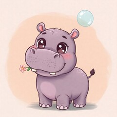 Fototapeta premium Cute Cartoon Hippo with Flower and Bubble, Watercolor Style Illustration