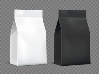White and black bags packaging for pet food and other products. Mockup isolated on transparent background. Vector template