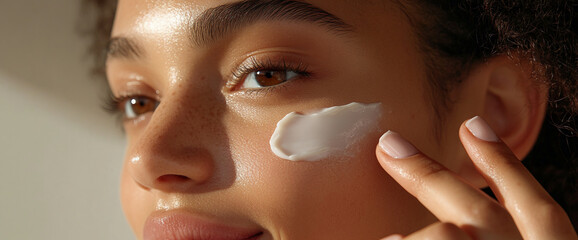 Close-up of a woman applying moisturizing cream to her face, symbolizing skincare, beauty, and self-care routines for healthy, glowing skin and natural radiance.