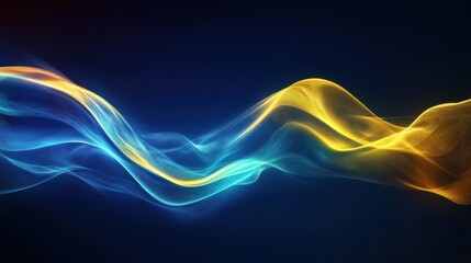 Generate a soft, beautiful background featuring a smooth wave of colors flowing from the left side of the screen to the right. The wave should primarily consist of blue and yellow tones, 