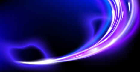 Glowing blue and purple light trails sweeping across a dark background,futuristic and dynamic motion effect. Ideal for technology background,, digital themes, modern designs banner.Vector illustration