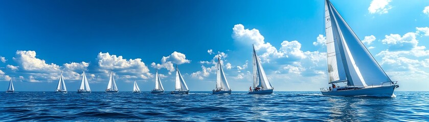 Naklejka premium Vibrant blue ocean with a fleet of sailboats racing, white sails catching the wind, summer day, fluffy clouds in the sky, competition on high seas