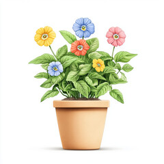 Obraz premium vibrant illustration of colorful flowers in terracotta pot with lush green leaves
