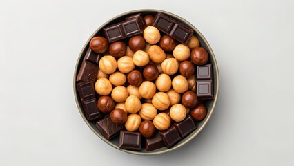 Milk and Dark Chocolate Pieces and Coated Snacks in Gray Bowl