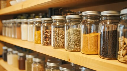 Organized Pantry Glass Jars of Spices and Grains on Wooden Shelves