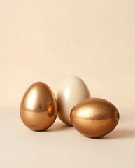 A minimalist three metallic golden Easter eggs on pastel beige background. Cast bronze surface, natural earth tones, browns, beiges, muted colors, antique patina 