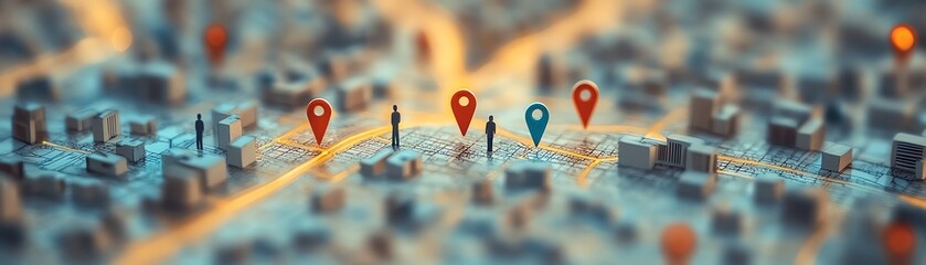 City model with location markers in the central area, small figures symbolizing people, geotargeting concept, modern approach to locationbased marketing