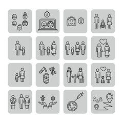 Collection of line icons illustrating various family interactions, emotional expressions, health activities, and community engagement, represented in minimalist style