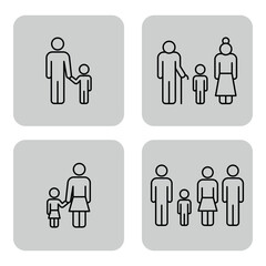 Collection of line icons illustrating various family relationships, including parent with child, siblings, couple with kids, and elderly figure. Family dynamics concept