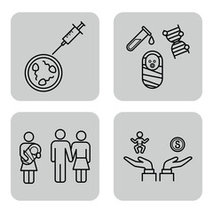 Line icons of various health care topics including vaccination, medical tests, and family support. Significance of health services and caregiving in society concept