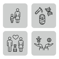 Collection of four icons illustrating family life, health, and caregiving. Parents with children, pet, baby care, and health-related symbols