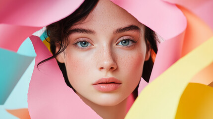 Fototapeta premium Close-up portrait of a young woman surrounded by colorful paper cutouts, highlighting youth, beauty, creativity, and vibrant colors.