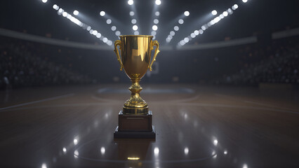 Gold Trophy on Basketball Court with Stadium Atmosphere