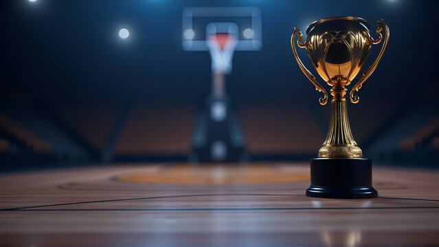 Gold Trophy on Basketball Court with Arena Background