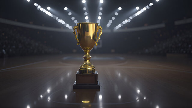 Gold Trophy on Basketball Court with Stadium Atmosphere