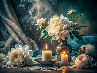 Obraz premium Vintage Still Life: Burning Candle & White Peonies - Surreal Photography