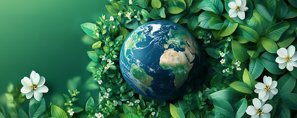 Minimalist illustration of planet earth surrounded by green leaves and white flowers, ecofriendly theme, nature background, sustainable growth, ecology