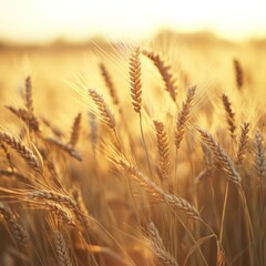 Fototapeta premium Golden Wheat Field at Sunset: A Close-Up View of Ripe Ears Bathed in Warm Light