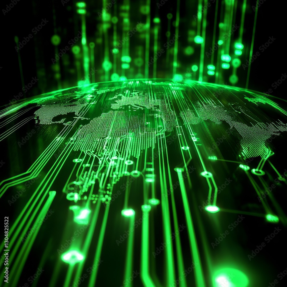 Aufkleber Green Digital World: Abstract Technology Network with Earth Map and Glowing Connections.