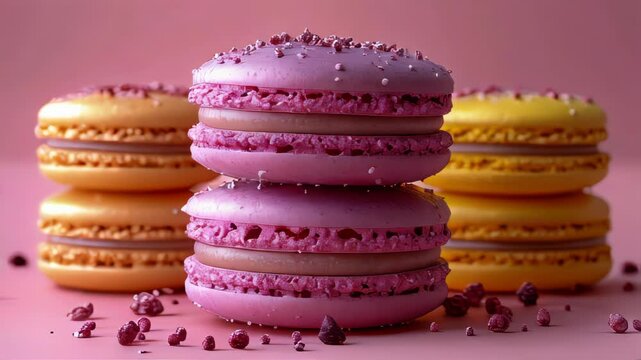 Vibrant pink, violet, and yellow macarons stacked elegantly on a plate, highlighting their delicate texture and sweet flavors