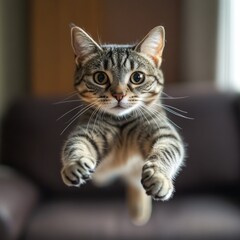 Leaping Tabby: A captivating shot of a tabby cat mid-air, its focused gaze and outstretched paws creating an engaging portrait.