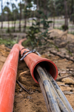 Black power cables inside orange electrical conduit