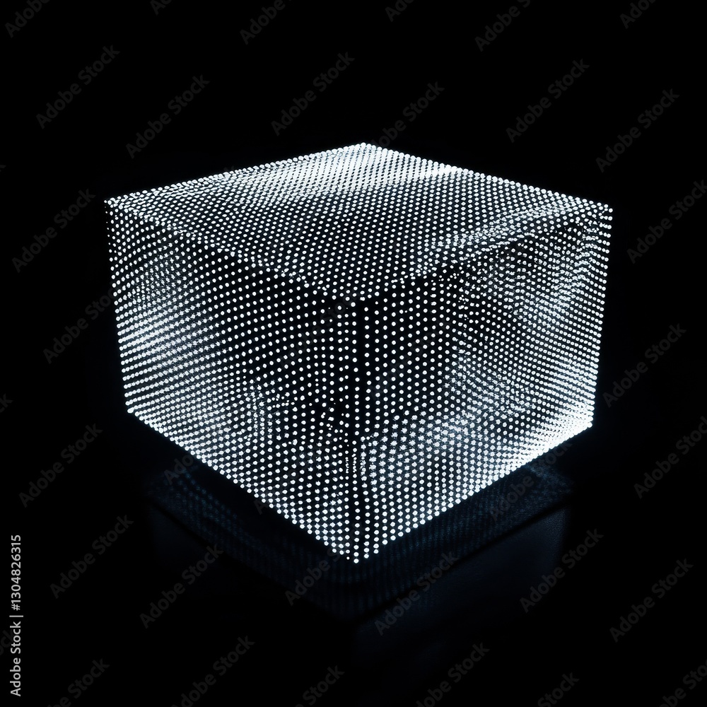 Poster luminous matrix: a cube of light points in darkness, reflections and shadows enhance the volumetric 