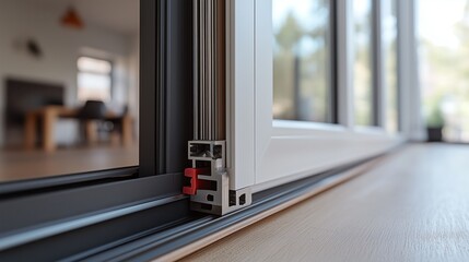 Extreme close-up showing the internal metal reinforcement of a modern white sliding patio door, highlighting its construction and durability