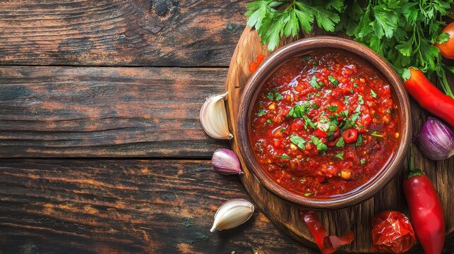 Traditional Armenian adjika sauce with hot peppers and spices  
