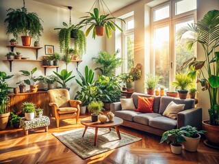 Fototapeta premium Vintage Style Photo: Modern Living Room with Home Plants