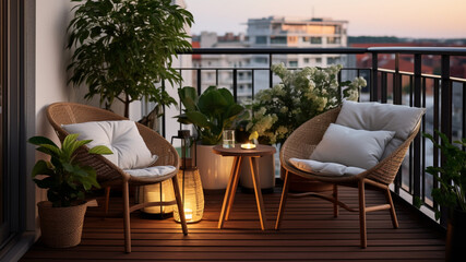 Fototapeta premium a Japandi-style balcony, featuring a cozy rattan lounge chair,soft linen cushions, a minimalist wooden side table, potted greeney.flooring is warm wooden decking, soft lantern-style outdoor lighting