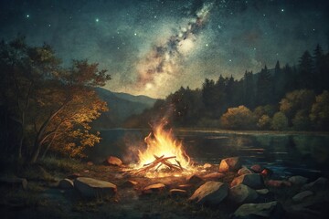 Vintage Summer Campfire Night, River Background - Stock Photo