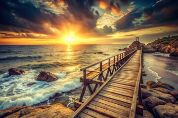 Obraz premium Vintage Sunrise over Barcelona Coastline: Wooden Bridge & Rocky Seascape