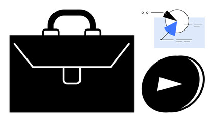 Black briefcase with handle, triangular chart in blue and white, and a play button suggest innovation, leadership, analysis, productivity, education, media and decision-making. Ideal