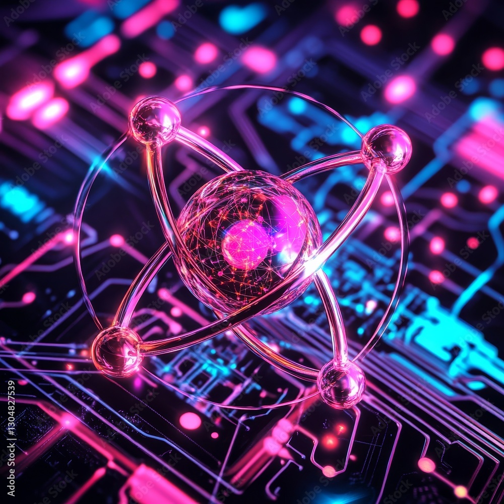 Poster Quantum Computing Architecture: Abstract Atom Model on Circuit Board with Neon Glow Effect