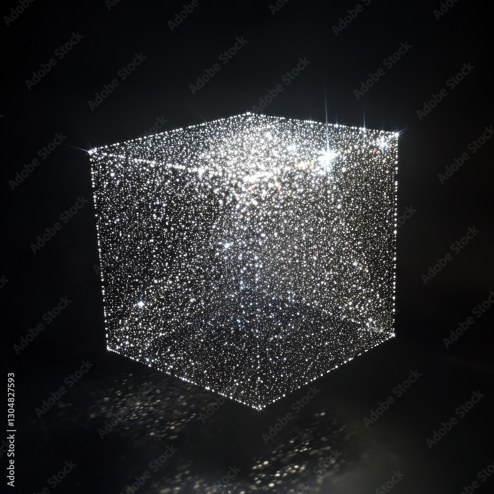 Fototapete radiant cube: a sparkling geometric object composed of numerous bright white points against a dark b