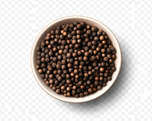 View of some black peppercorns in a bowl on a white background