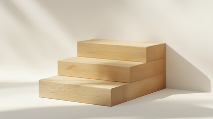 Three blank, empty wooden blocks stacking as step stairs. 
Placeholder for words, slogans, goals. Highlighting steps to achieve objectives
