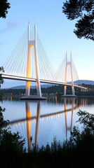 Naklejka premium Illuminated bridge, calm river, dusk, travel