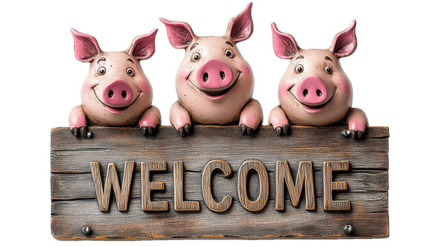 Trois cochons souriants appuy&eacute;s sur panneau de bienvenue en bois rustique