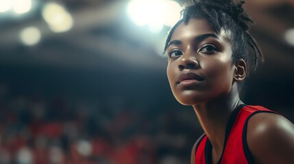 Confident Black female athlete in red sports uniform focuses on competition in a vibrant indoor arena during a pivotal game moment
