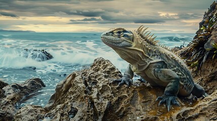 Fototapeta premium Lizard on Rocky Shoreline with Waves and Dramatic Sky at Sunset near Coastal Water