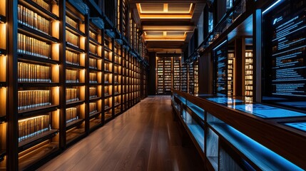 Modern library integrating classic wooden card catalogs with high-tech digital touch screens for research.