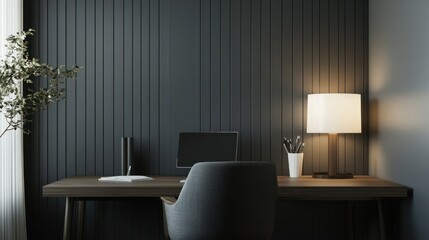 Modern workspace interior, minimalist desk, wood and dark gray, calm ambiance, suitable for digital products catalog or lifestyle content